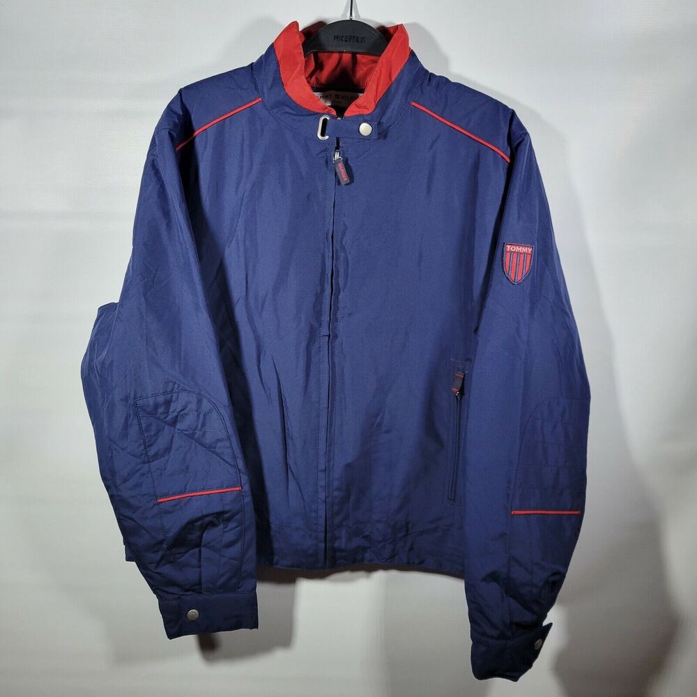 TOMMY HILFIGER JEANS KSWISS SHIELD PATCH WOMEN'S BLUE NYLON RACING JACKET SZ XL